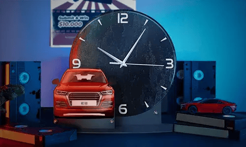 Dekoratives Arrangement mit schwarzer Marmor-Uhr und rotem Spielzeugauto, flankiert von leuchtenden Technik-Türmen und blauem Licht